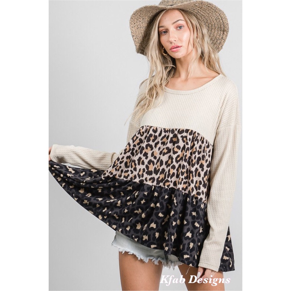 ❤️LAST!! Waffle Babydoll Leopard Color Block Top - Picture 4 of 11